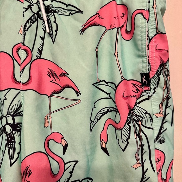 Hollister Light Blue and Pink Flamingo Men's Swim Shorts Medium - Picture 2 of 7